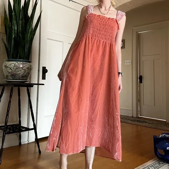 Free People Orange Smocked Buttoned Maxi Sundress - Picture 2 of 4